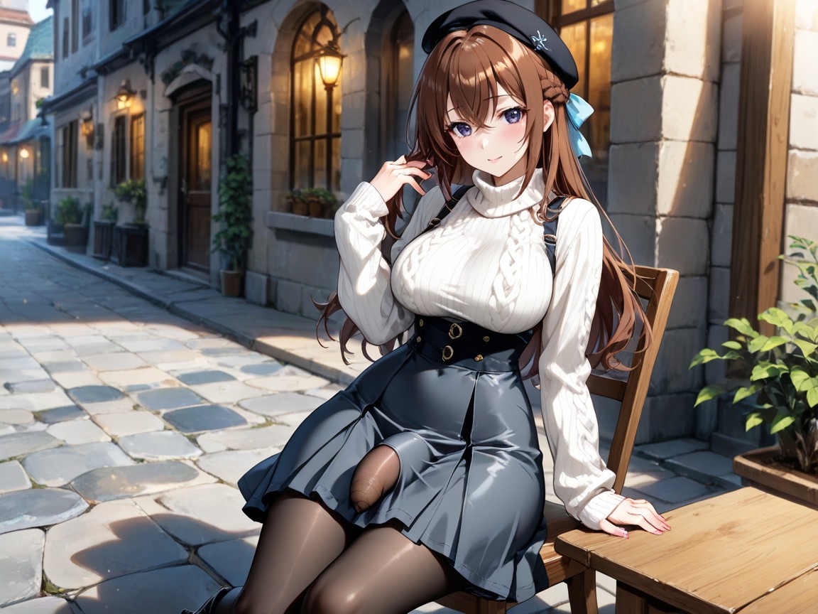 Sitting On Wooden Chair, Wearing Gray Frilled Jumper Skirt, Wearing White Turtleneck Knit Sweater Hentai IA
