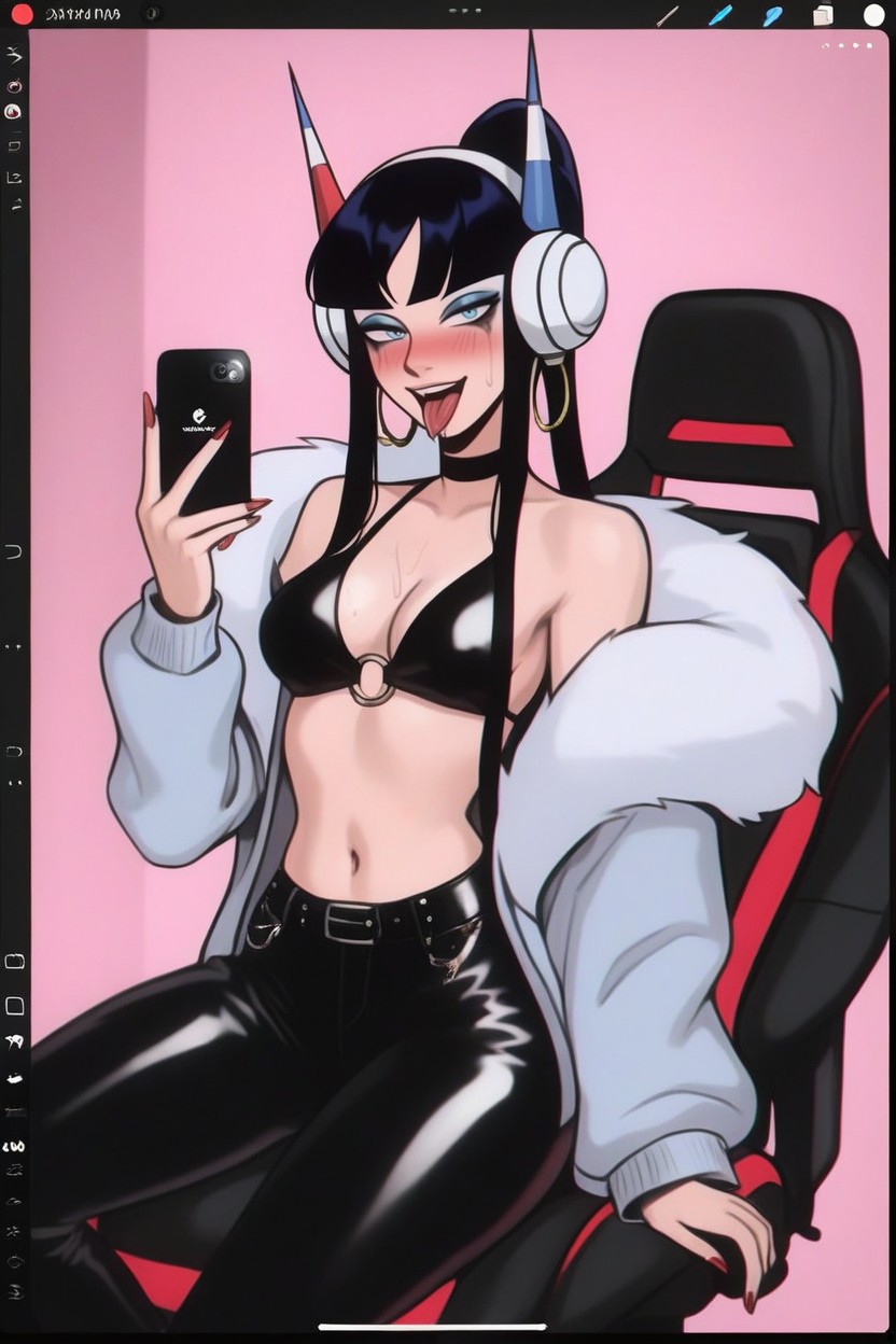 Thick Thighs, Neon Lit Bedroom At Night Time With Pink Walls, Extremely Open Mouth Hentai IA