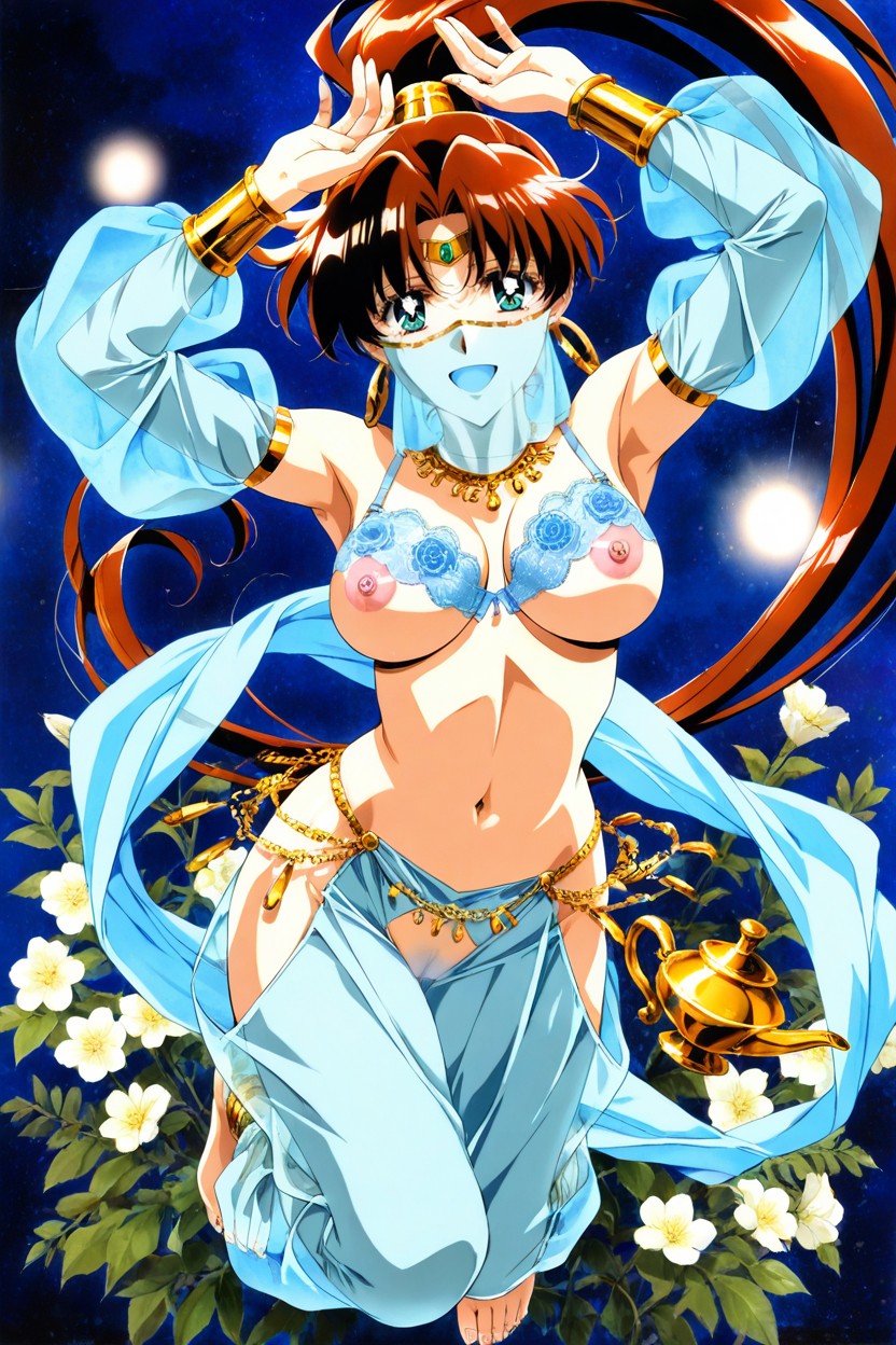 Highly Detailed Blue Eyes, Retro Anime Style, Long Dark Brown Hair Hentai AI Porn