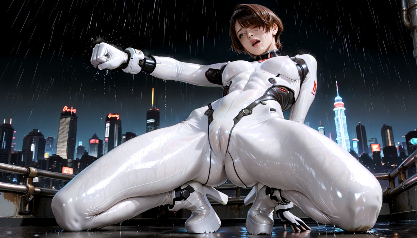 Very Aesthetic, 25+, The Bodysuit Blends Seamlessly Into Sleek Tactical White Platform Heeled Feet Hentai IA