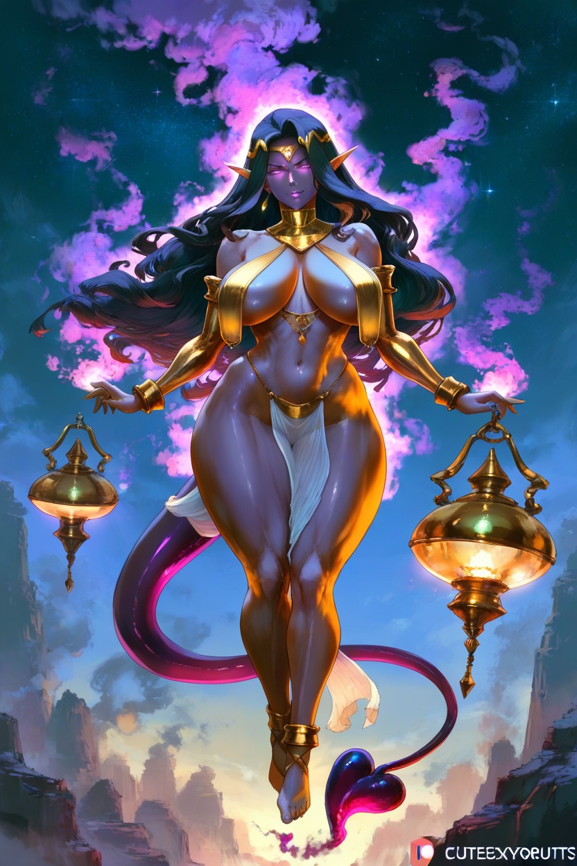Smoke Lower Body, Golden Arm Cuffs, Translucent Fabric Covering Breasts Hentai AI Porn