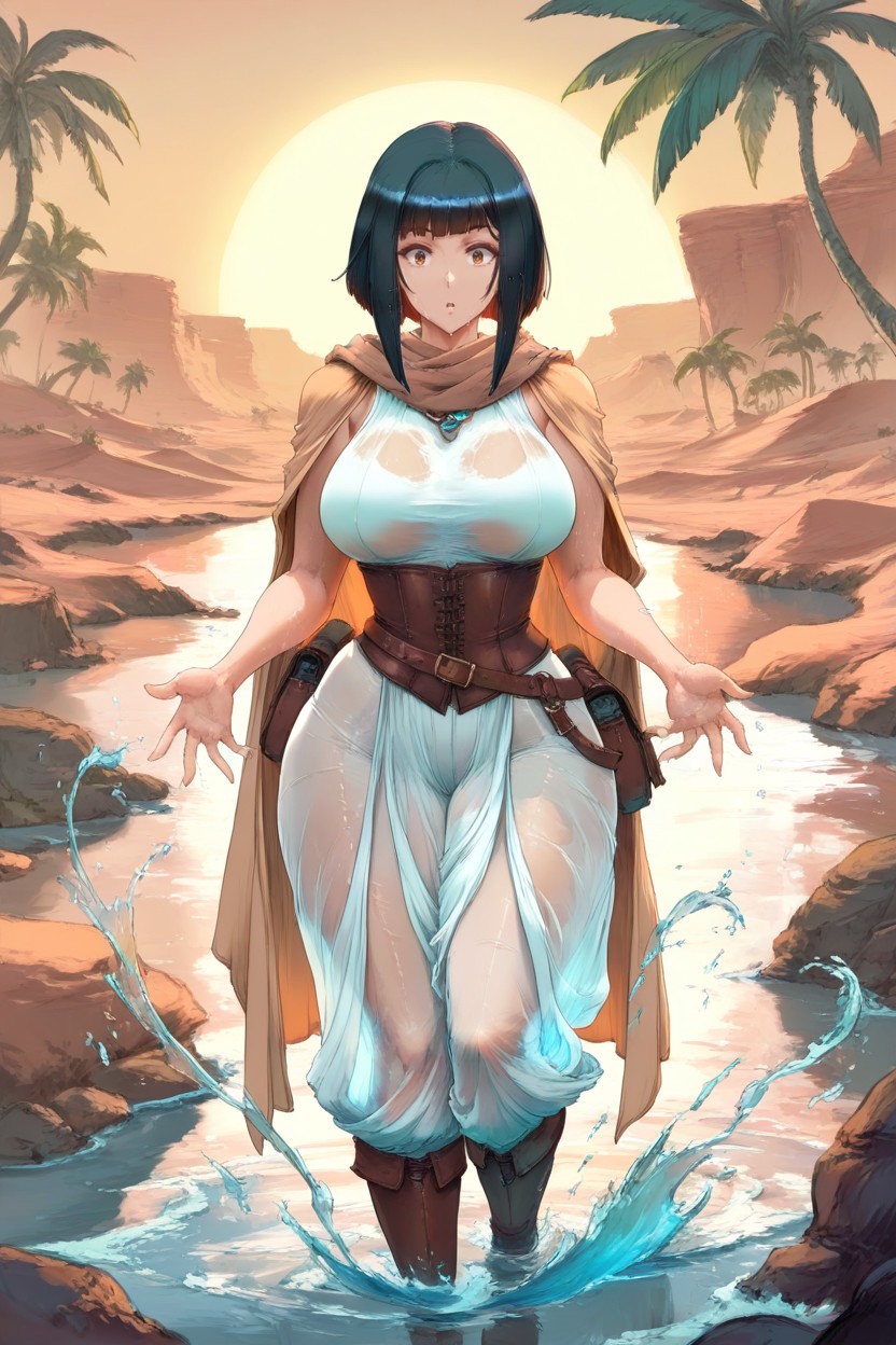 Standing In Oasis Water, Green Vegetation, Etuzan Jakusui Artstyle Hentai AI Porn