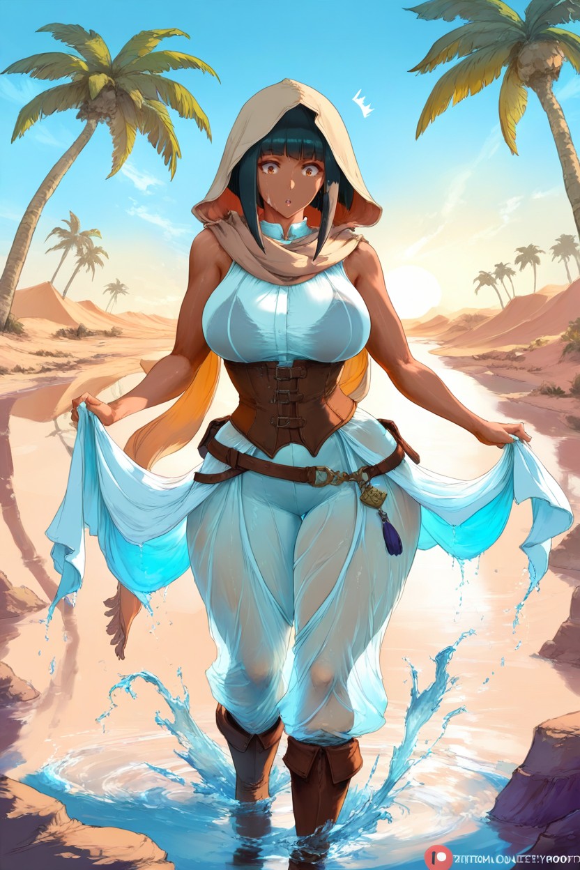 White And Brown Desert Robes, Female Desert Wanderer, Blunt Bangs Hentai AI Porn