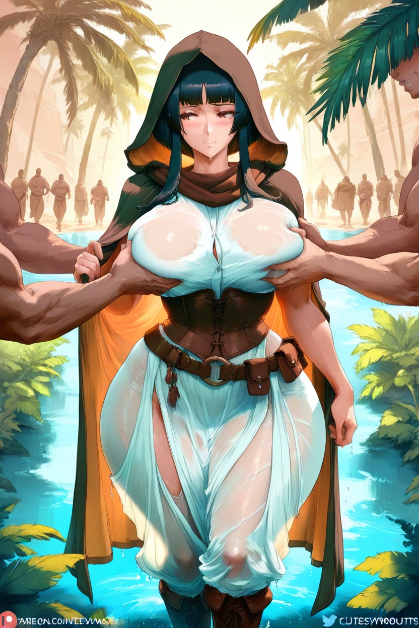 Surrounded By Naked Men, Brown Leather Corset, Brown Eyes Hentai AI Porn