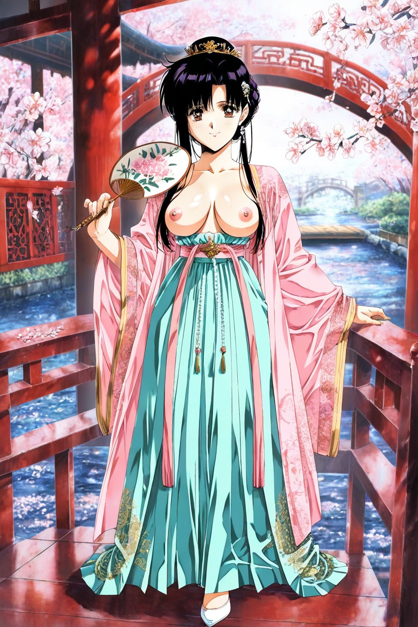 Bare Breasts With Erect Pink Nipples Exposed, Standing On A Wooden Bridge, Long Chinese Moxiong Bandeau Hentai AI Porn