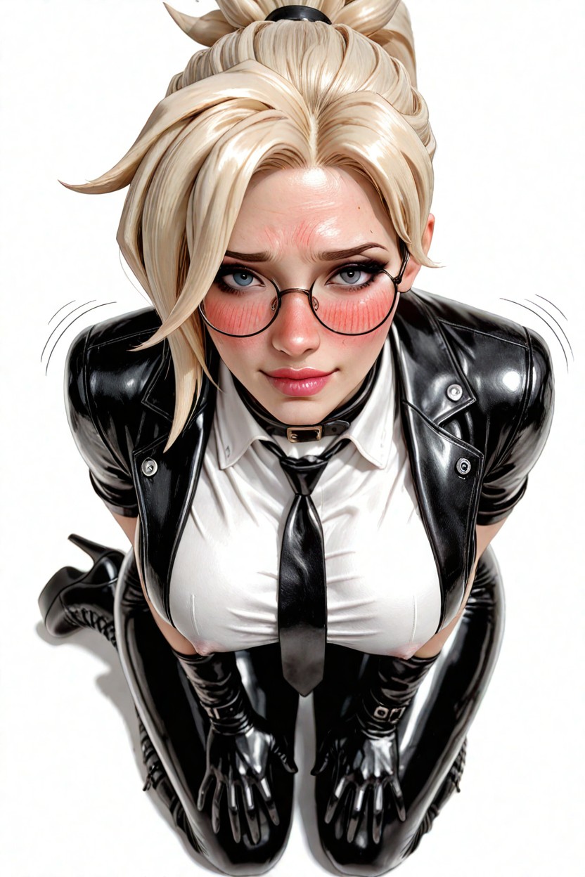 Black Latex Blazer, Hands Resting On Her Knees, Kneeling Hentai AI Porn