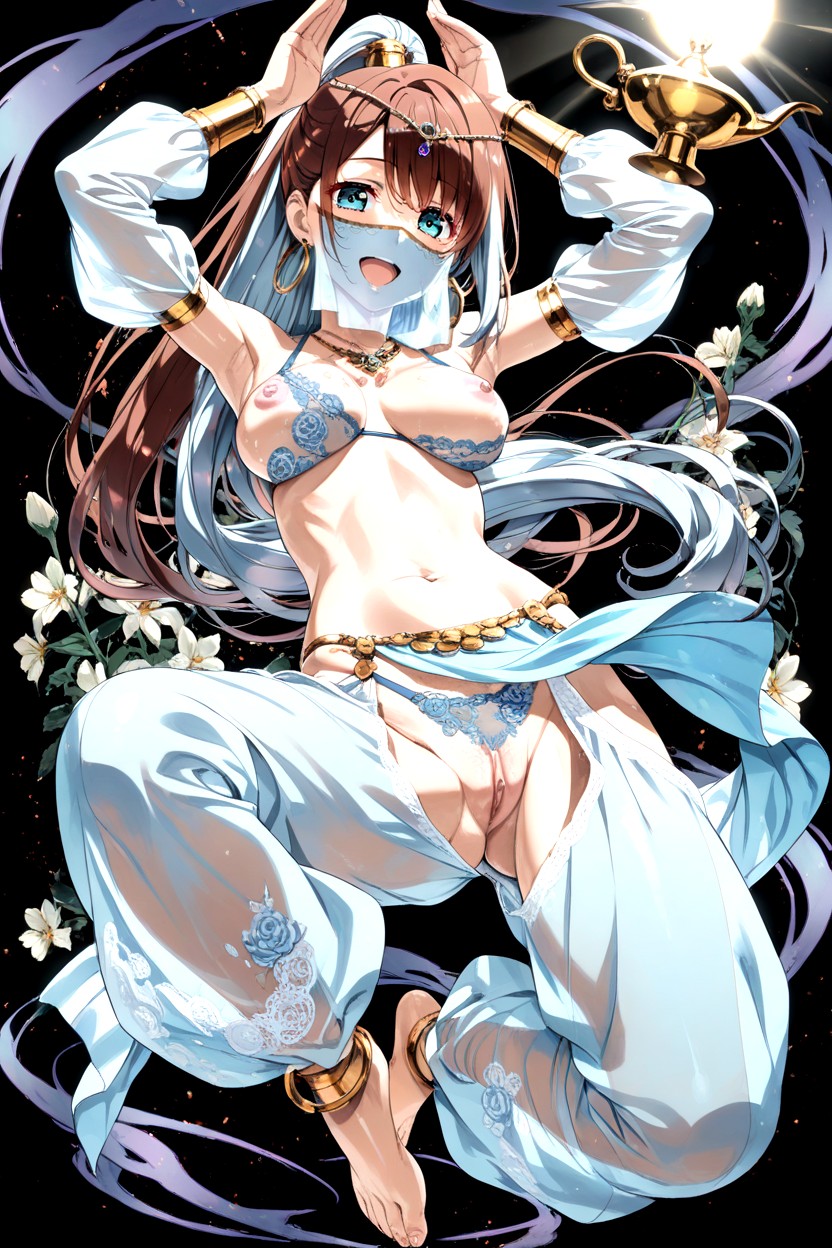 Jeweled Gold Necklace, Both Hands Raised Above Head, Voluminous Hair Hentai AI Porn