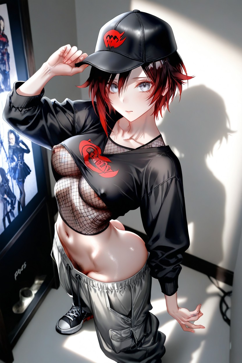 Saggy Pants, Midriff, Loose Crop Mesh Top Hentai AI Porn
