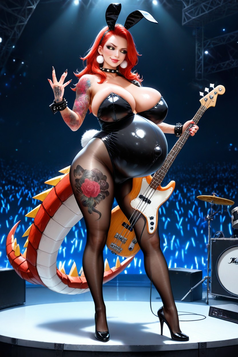 Holding Bass Guitar, Red Hair, Massive Round Pregnant Belly Hentai AI Porn