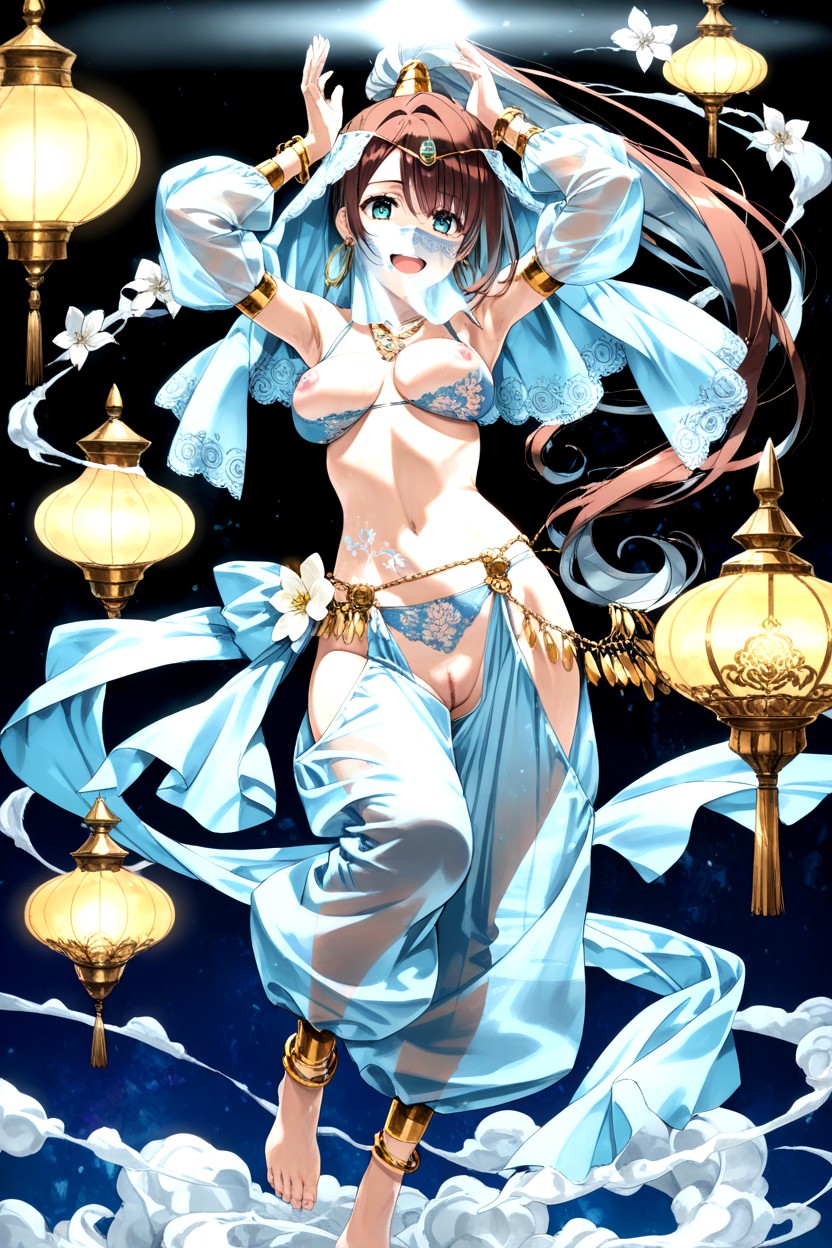 Glossy Skin, Looking At Viewer, Floating In Smoke Out Of Aladdin Lamp Hentai AI Porn