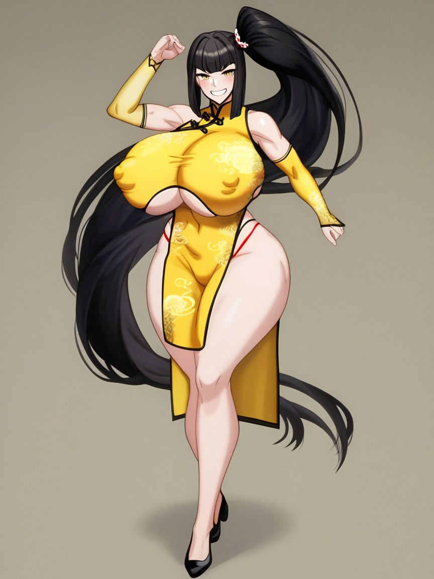 Yellow China Dress, Straight Ponytail, Blunt Bangs Hentai AI Porn