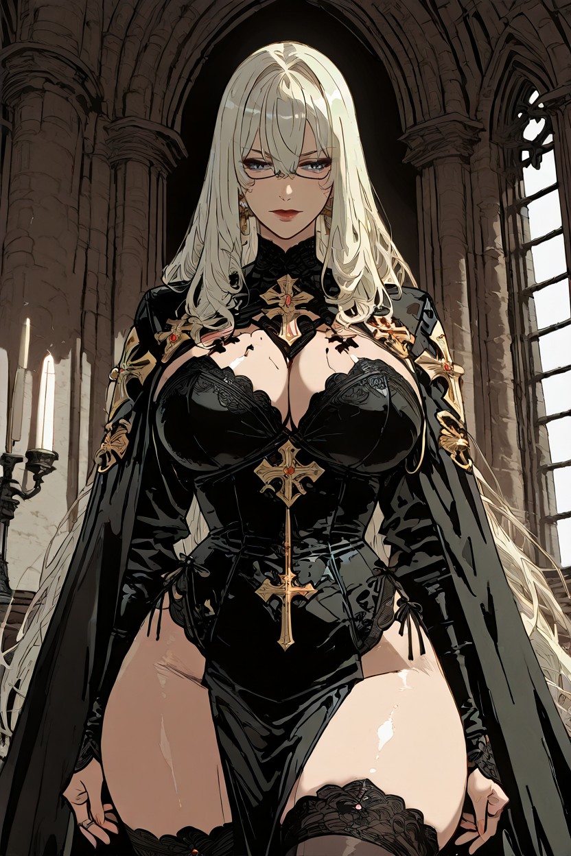 25+, Dominateur Et Sensuel Légèrement Proéminentes Lorsqu'elle Sourit Ou S'apprête À Mordre Maquillage Marqué Lèvres Rouges, Presque Ivoire Hentai AI Porn