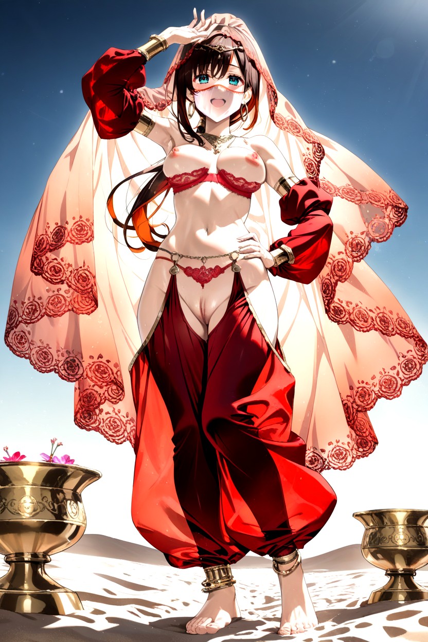 Breasts With Erect Pink Nipples Exposed, Detached Transparent Red Puffed Sleeves With Flower Embroidery, Medium Ass Hentai AI Porn