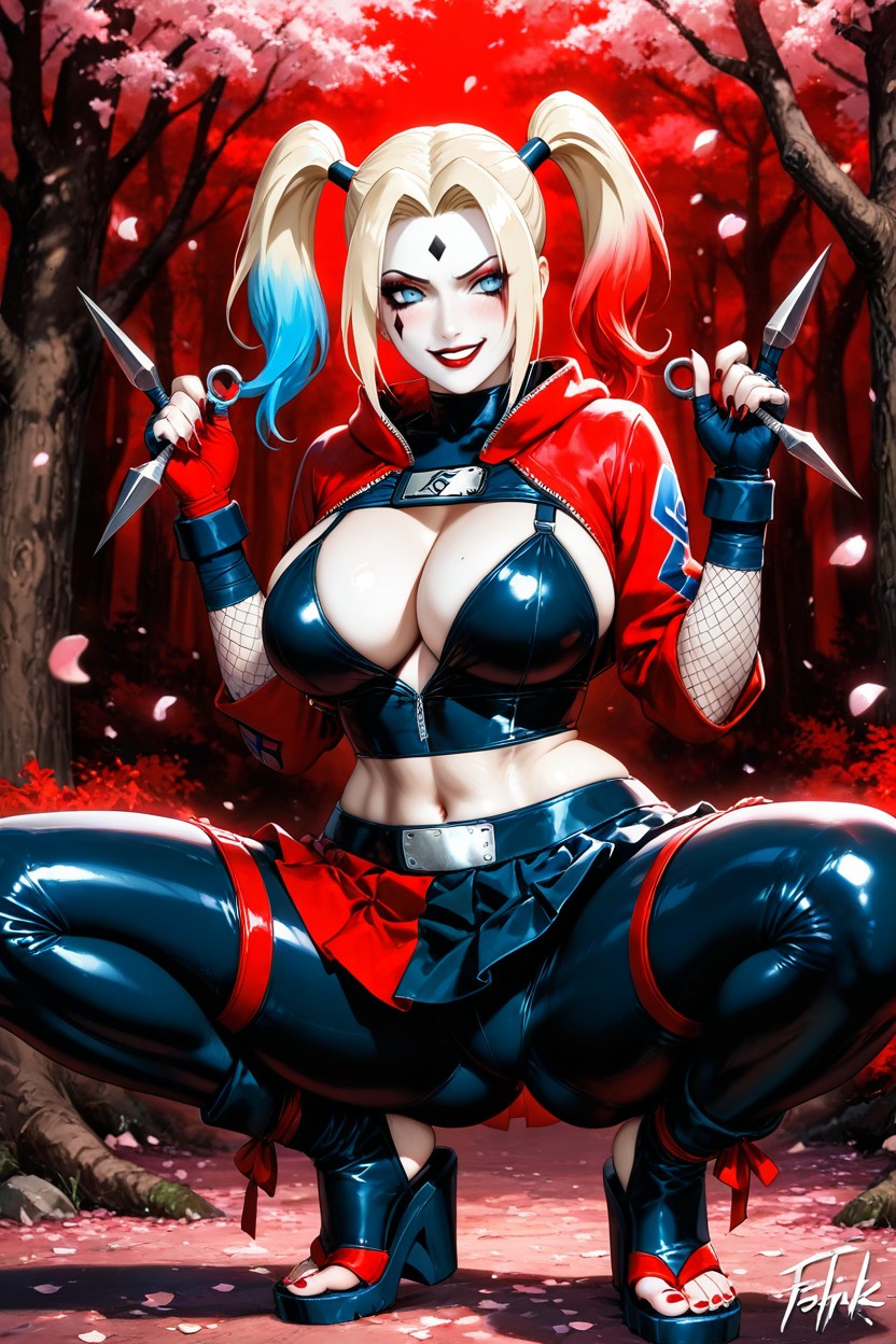 Harley Quinn In A Sexy And Arousing Ninja Outfit Inspired By The Naruto World, Erotic Chaotic Ninja, Wide Mischievous Grin Hentai AI Porn