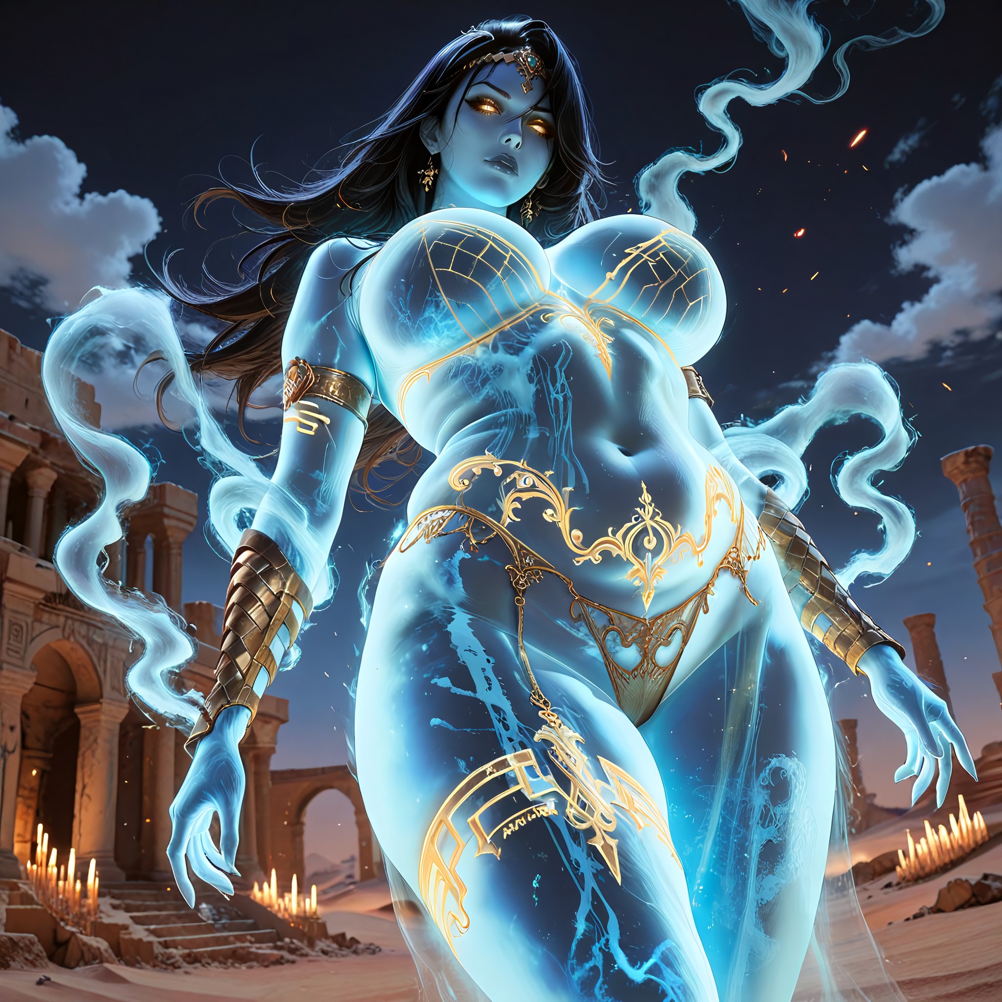 A Middle Eastern, Shimmering-golden Aura Swirling Around Her Arms, Ruins Of Chaotic Market Hentai IA