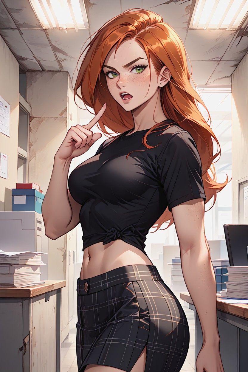Desk, Wide Open Mouth, Black T-shirt Hentai AI Porn