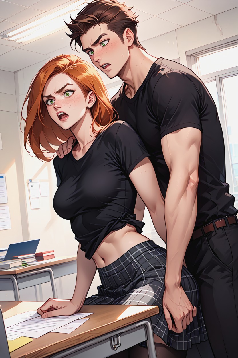 Snatched Waist, Standing In Front Of A Desk, Hands Restrained With Handuffs Hentai AI Porn