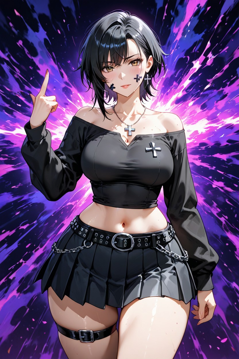 Visible Navel, Wide Hips, Silver Cross Necklace Hentai AI Porn