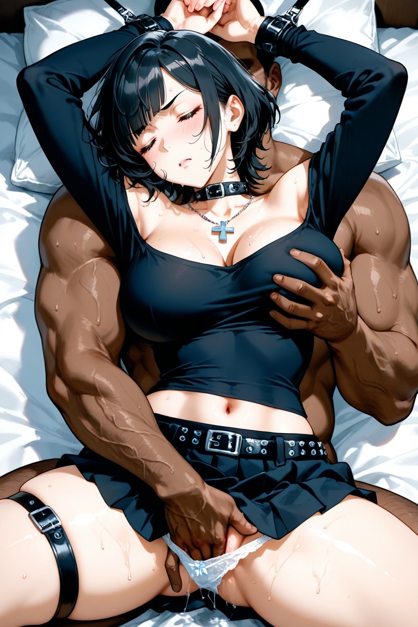 Messy Strands Around The Cheeks And Neck, Close Eyes, Visible Navel Hentai AI Porn