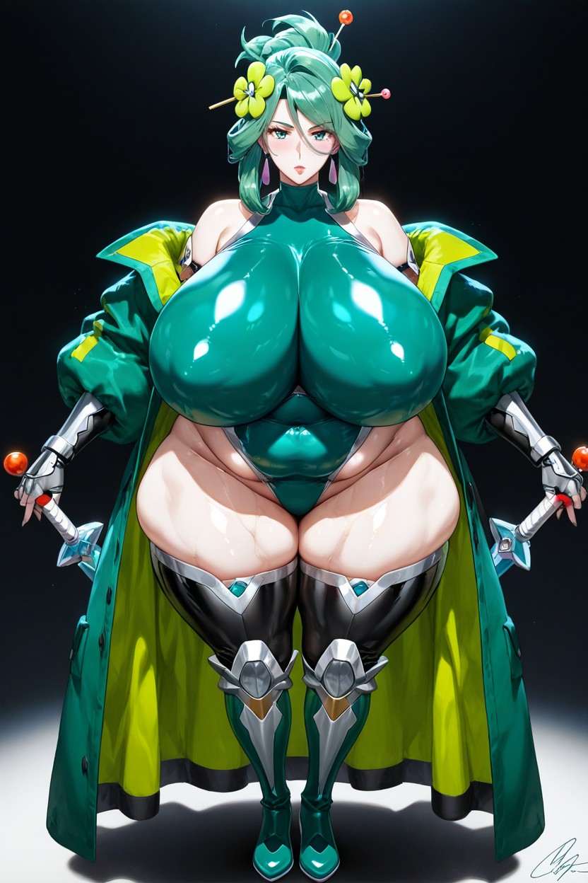 Model, Armored Technologic Silver Thigh High Boots, Breast Expansion Hentai AI Porn