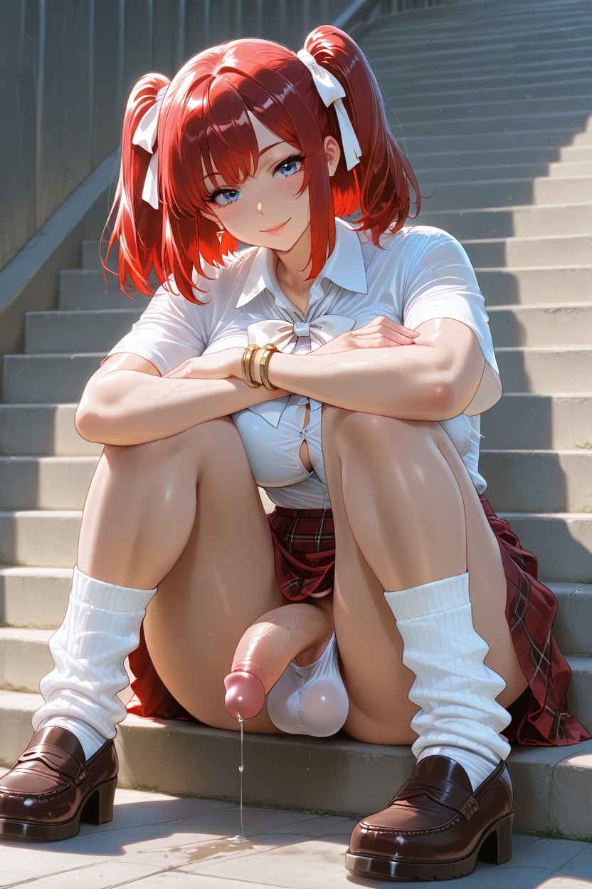 Twintail Hair With Frilly White Ribbon, Plaid Skirt, Front View Hentai AI Porn