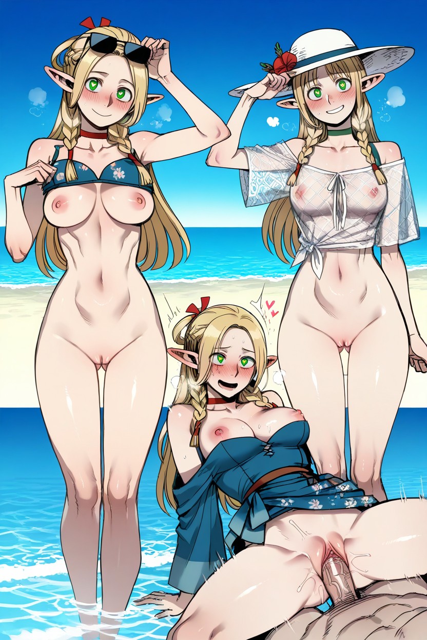 On The Beach, High Resolution, White Fishnet Blouse Hentai AI Porn