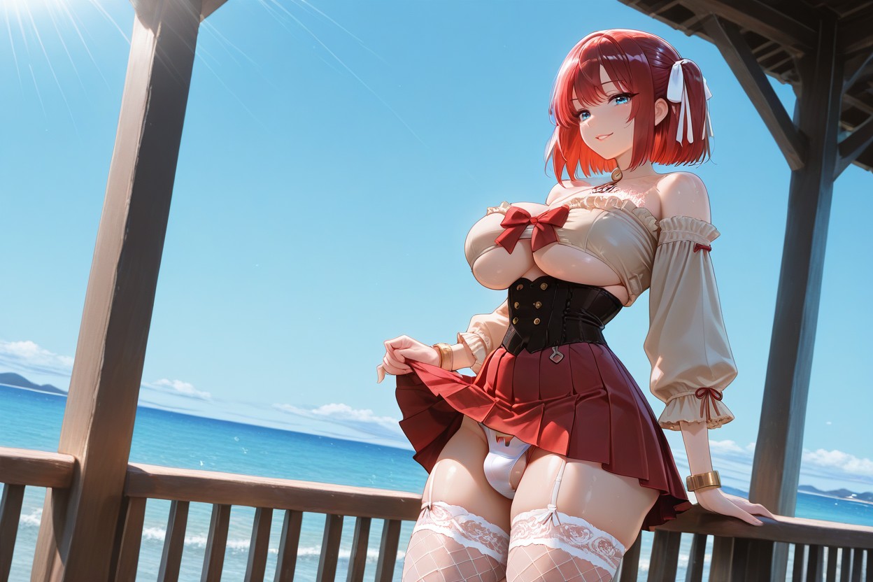 Detailed, Twintail Hair With Frilly White Ribbon, Flaccid Cock Hentai AI Porn
