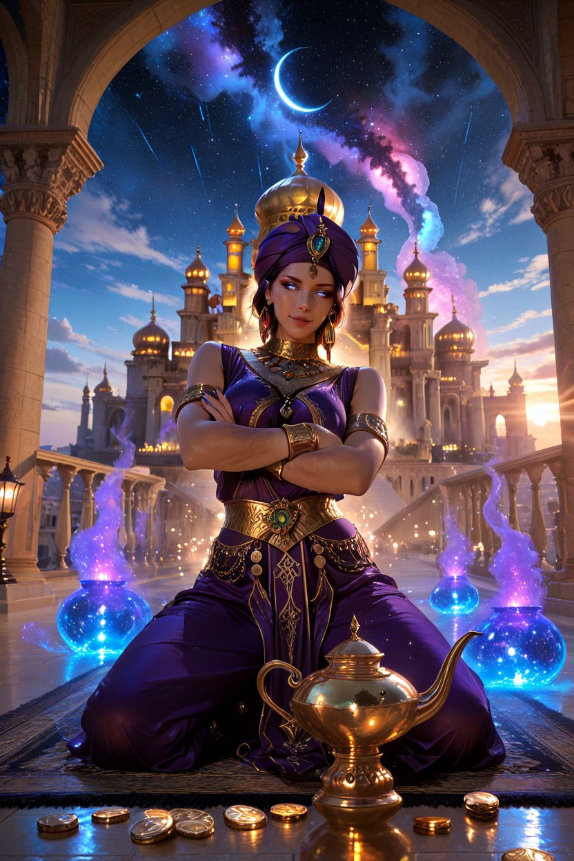 And Glowing Reflections Illuminate The Prince, Hdr, And The Enormous Genie Dominates The Upper-right Portion Of The Frame Hentai AI Porn