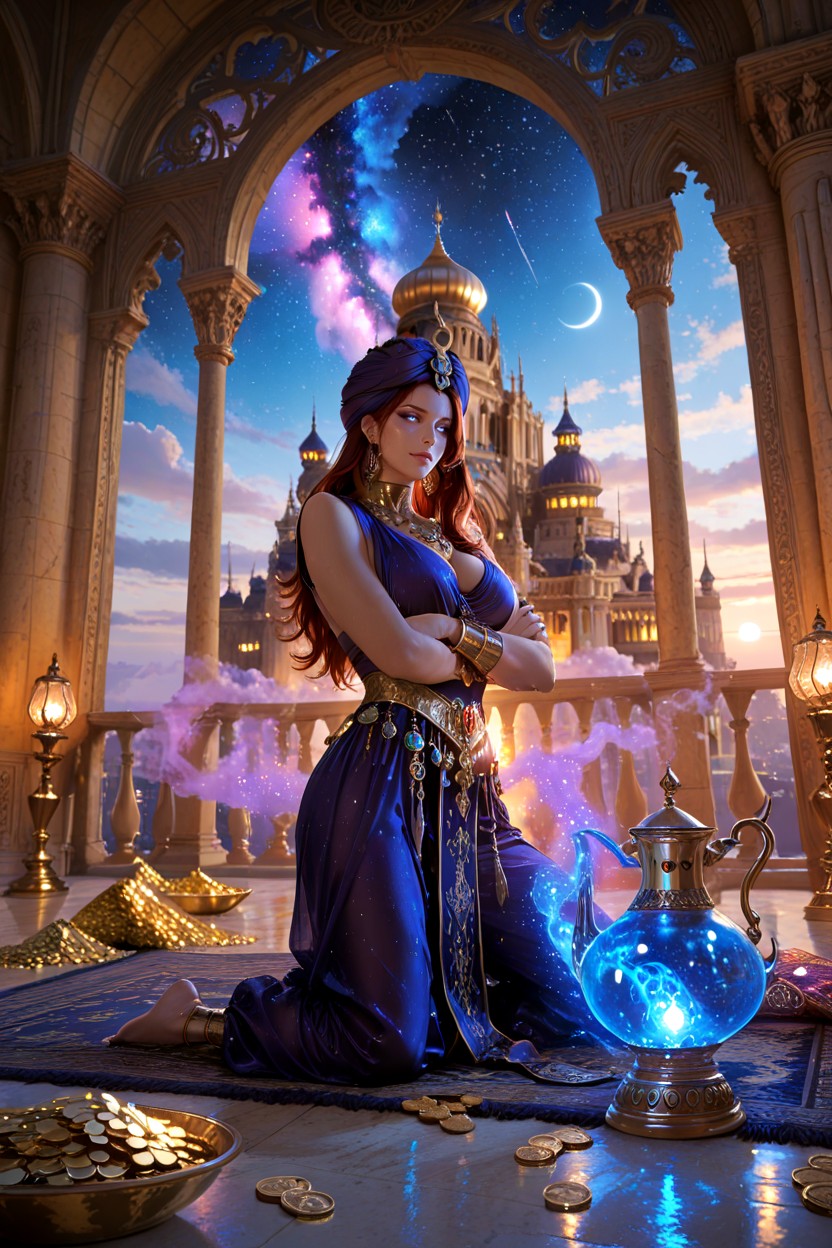 Cyan, Indigo, An Ultra-cinematic Arabian Nights Fantasy Scene At Twilight Hentai AI Porn