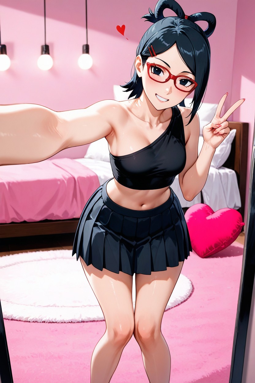 One-handed Selfie, Bent Knees, Pink Fluffy Rug Hentai AI Porn