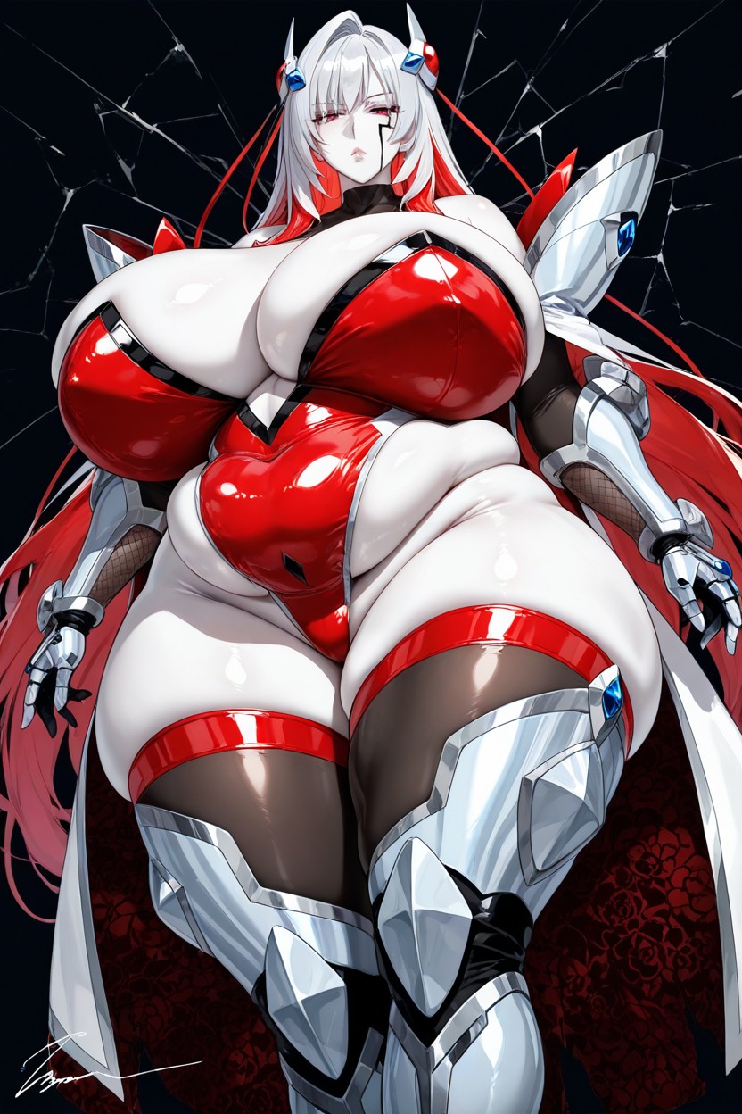 Front View Sexy Standing Tall Model Pose, Extremely Large Ass, Armored Technologic Silver Thigh High Boots Hentai AI Porn