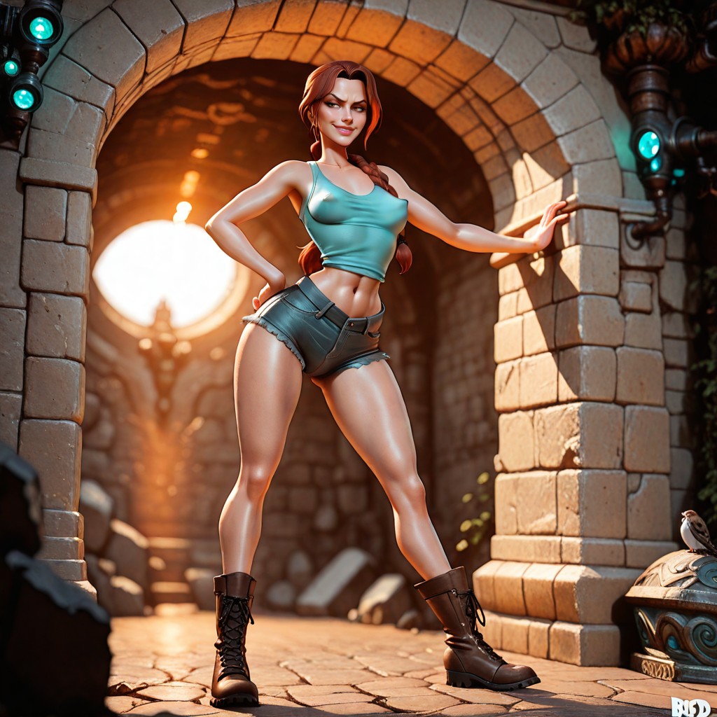 Focus Lara Center Frame, Large Oversized Expressive Eyes, Lara Is Wearing An Aqua Turquoise Tank Top Hentai AI Porn