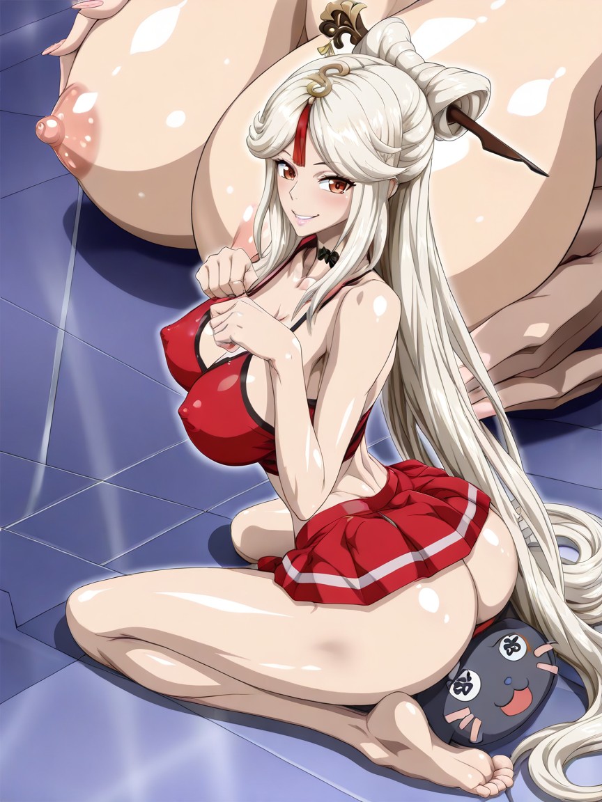 Stretched Abdomen, Seductive Gaze, Sitting On The Floor Hentai AI Porn