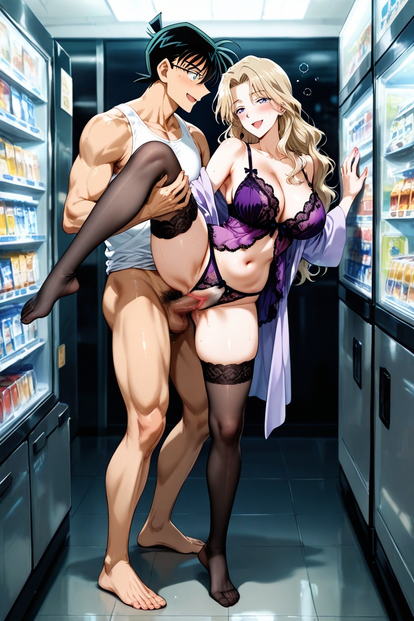 Dim Moonlight From Outside, Large Breasts, Closed Convenience Store At Night Hentai AI Porn