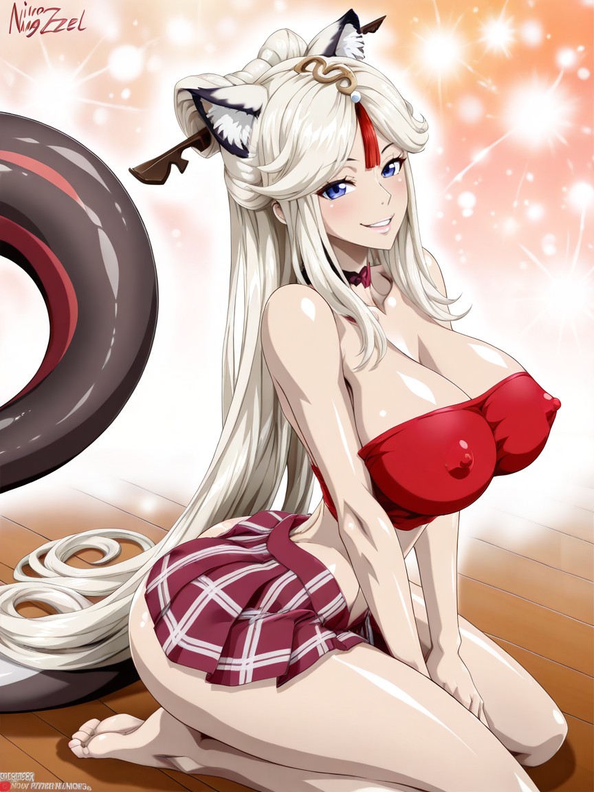 Extreme Body Proportions, Tall Neko Ears, Plaid Red Skirt Hentai AI Porn