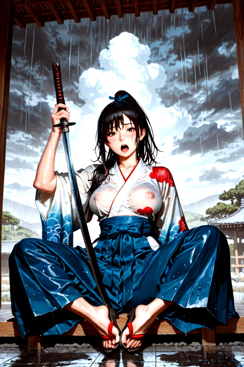 Surprised Expression, Gritty Texture, Katana Holding A Drawn Katana Hentai AI Porn