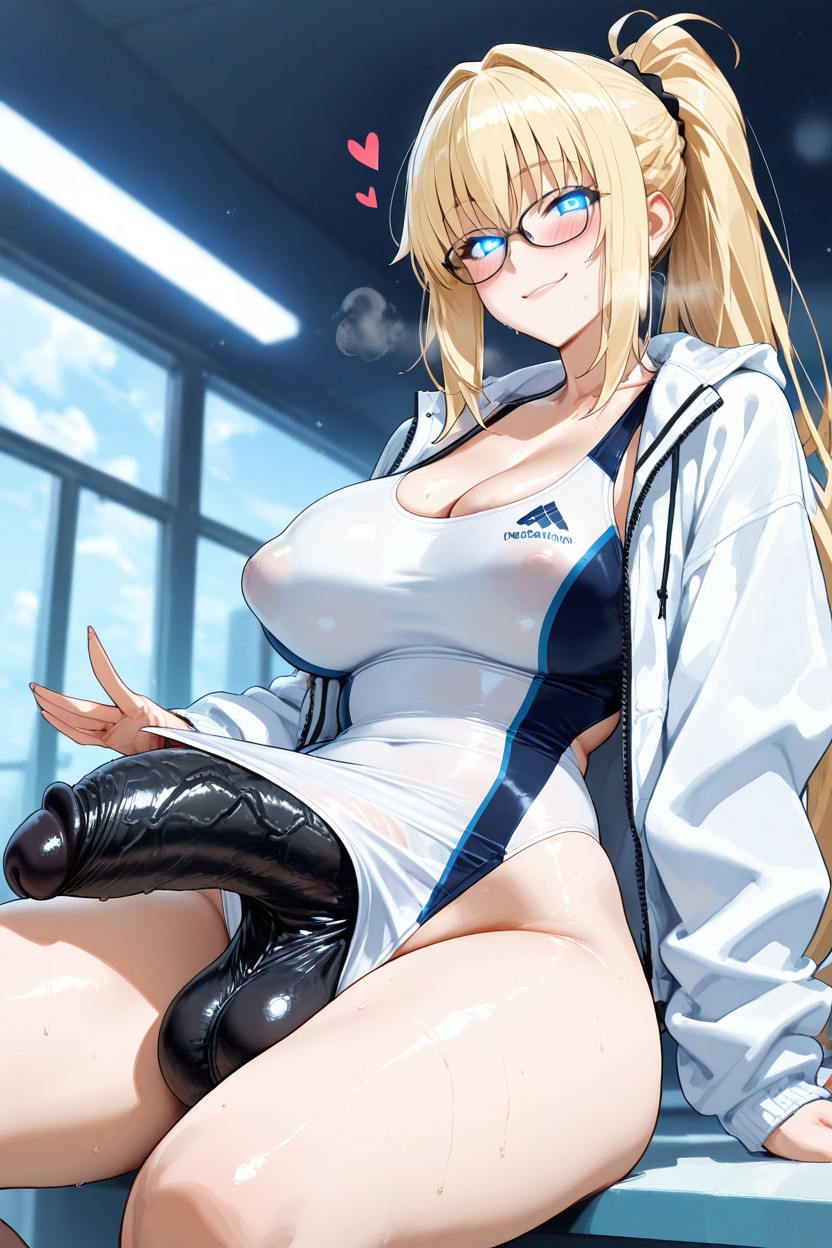 Sitting, Blonde Jeanne From Fate Grand Order Wearing A White One-piece Swimsuit, Perfect Natural Medium Breasts Hentai AI Porn