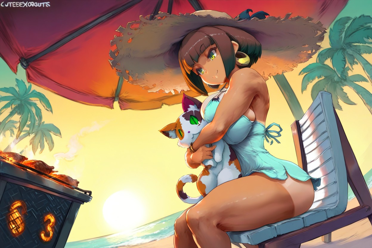 Calico Feline Creature, Inverted Bobcut, Hugging Hentai IA