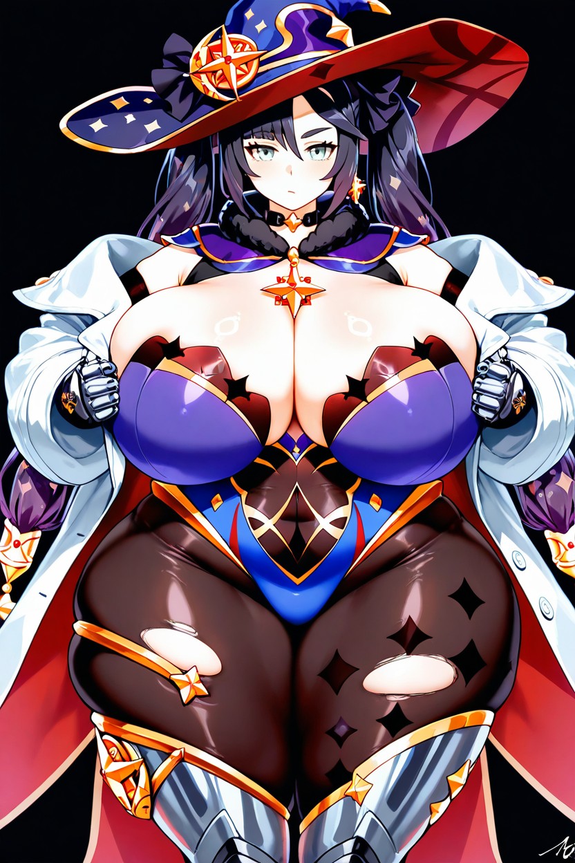 Large White Scientist Coat, Signature Mona From Genshin Impact Hair Accessories, Front View Sexy Standing Tall Model Pose Hentai IA