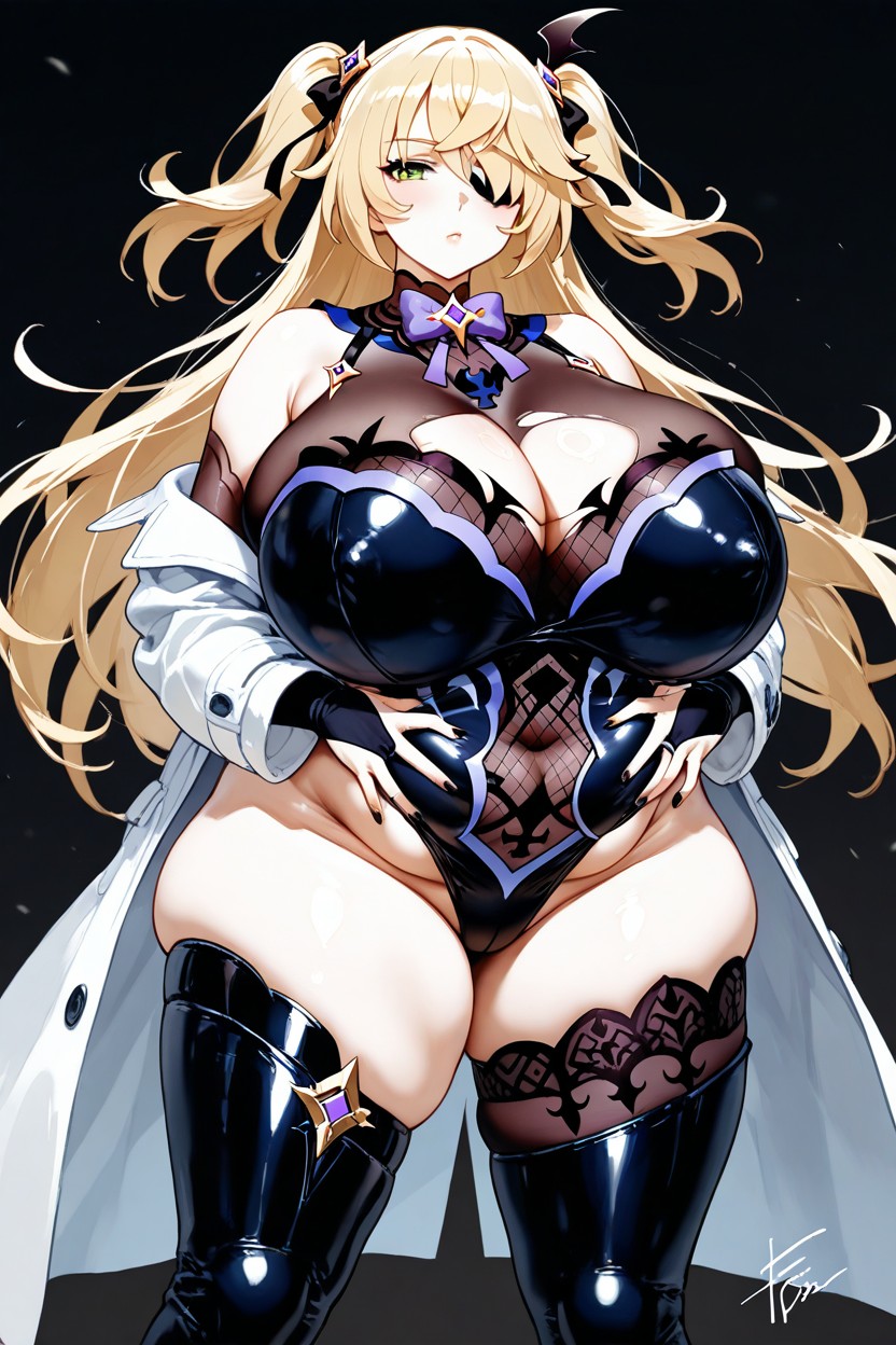 Completely Black Empty Void Background, Hyper Fat Giant Ass, Excessively Fat Shining Silver Technologic Violet Black And White Pattern Taimanin Leotard Hentai AI Porn