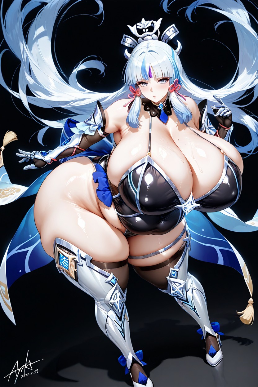 Armored Technologic Silver Thigh High Boots, Model, Silver Technologic Elbow Gauntlets Hentai AI Porn