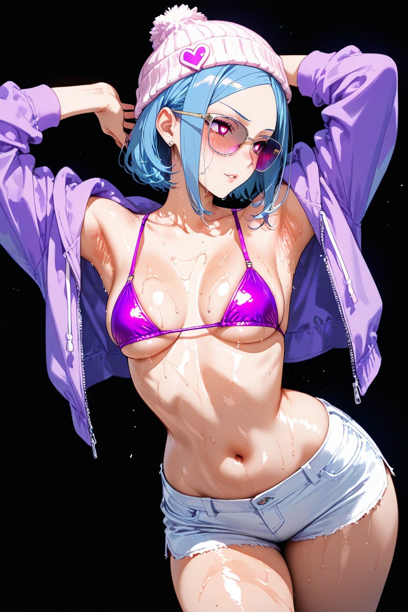 Looking At Viewer, Armpit Sweating, Purple Hoodie Hentai AI Porn