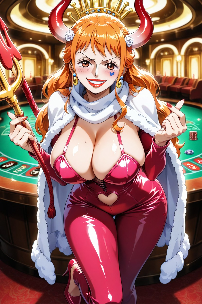 Holding Trident And Whip, Thick Bangs Completely Covering Eyes, Casino Background Hentai AI Porn
