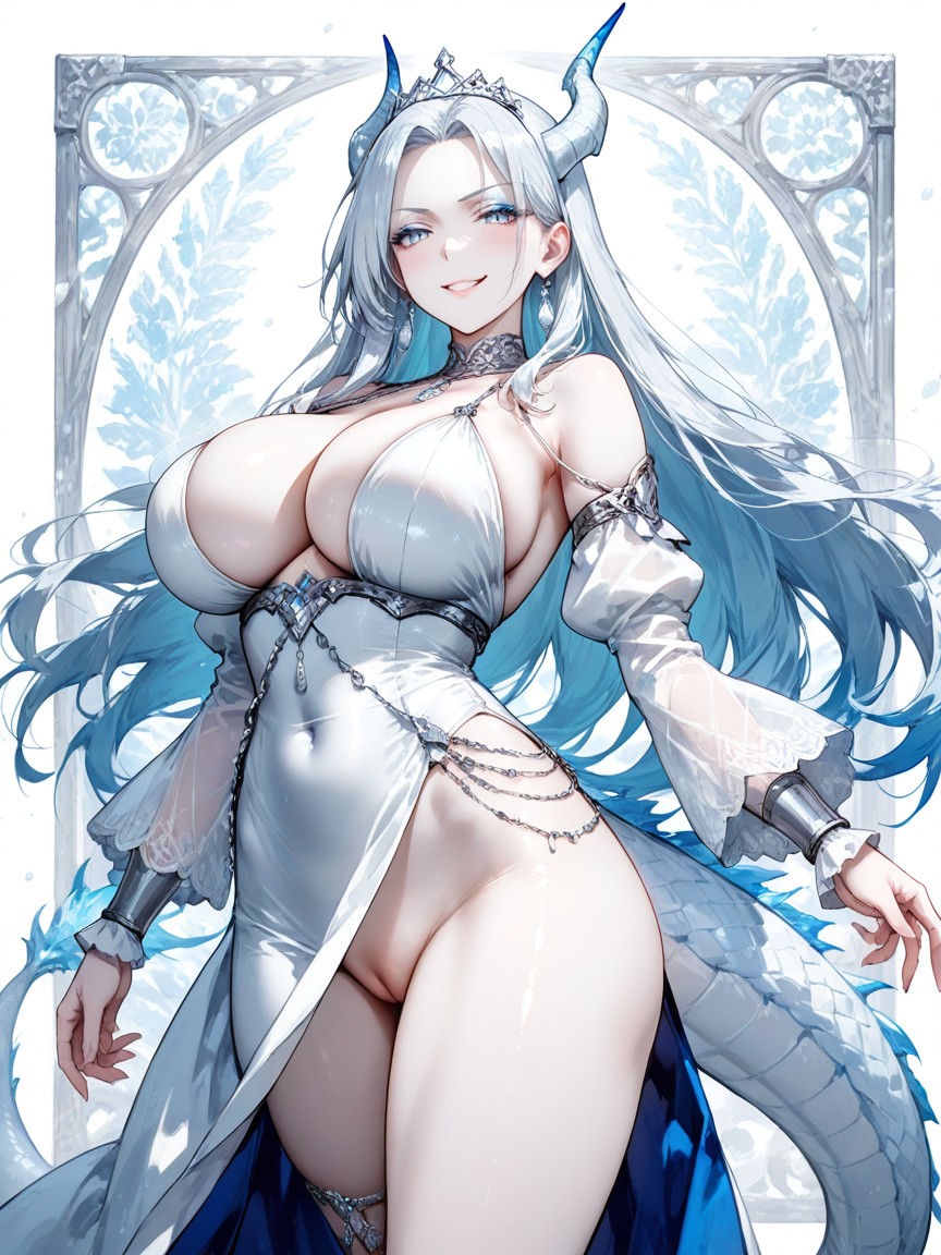 Underboob, No Bangs, Horns Are Bright White With Silver Accents And Patterns On Them Hentai AI Porn