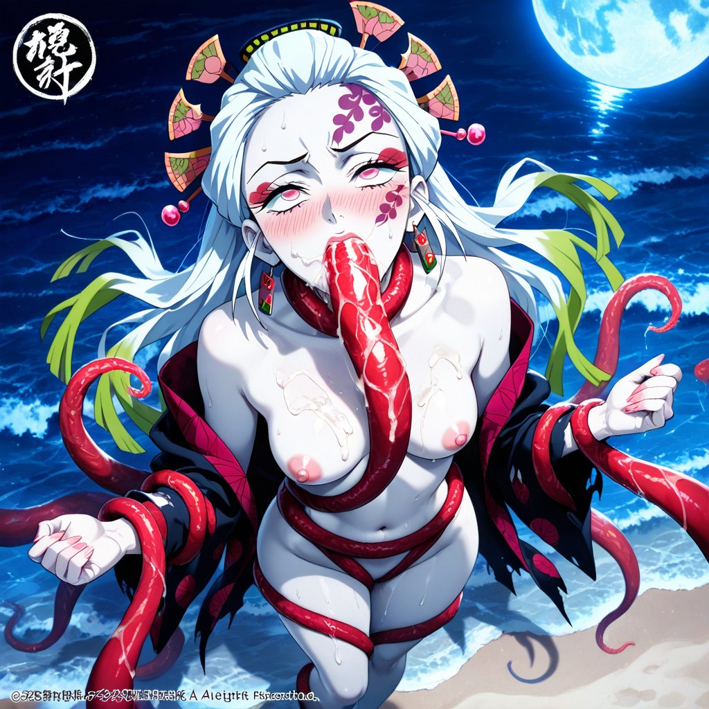 Tentacles Shoot Semen In Her Mouth, Tentacles Rub Her Vagina, Long Hair Down Tentacles Follow Her From Behind Hentai AI Porn