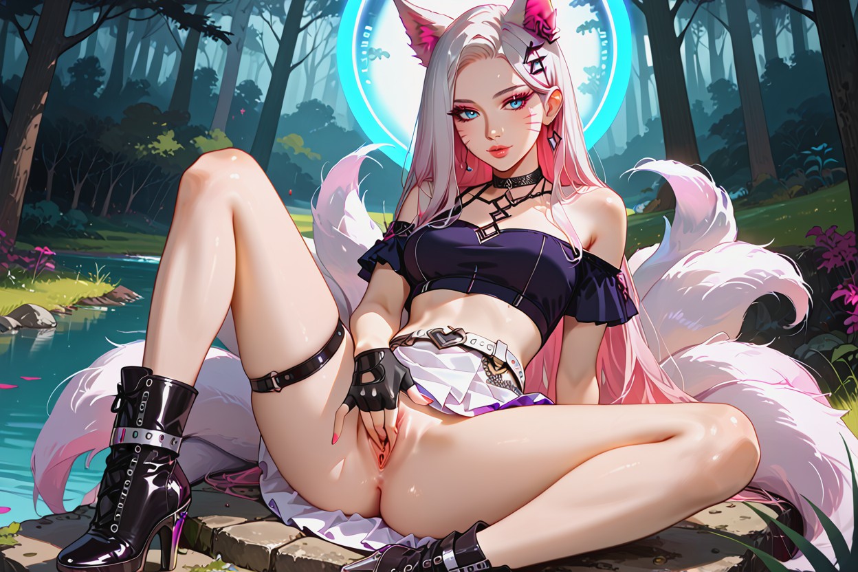 Holographic Reflections, High-waisted Asymmetrical Skirt, Shaved Pussy Hentai AI Porn