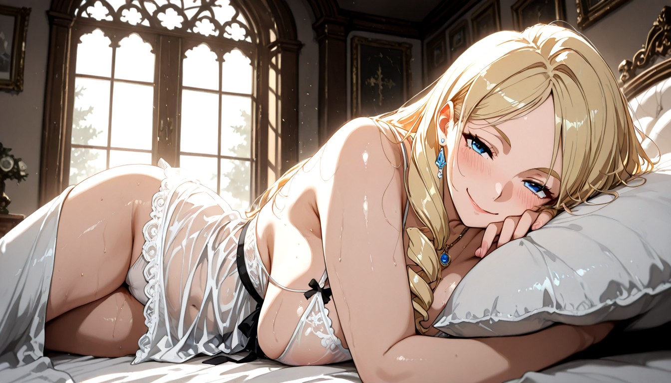 Slight Loving Smile And Blush, She Wears Ornate Necklace And Earrings, Dark Shadow Hentai AI Porn