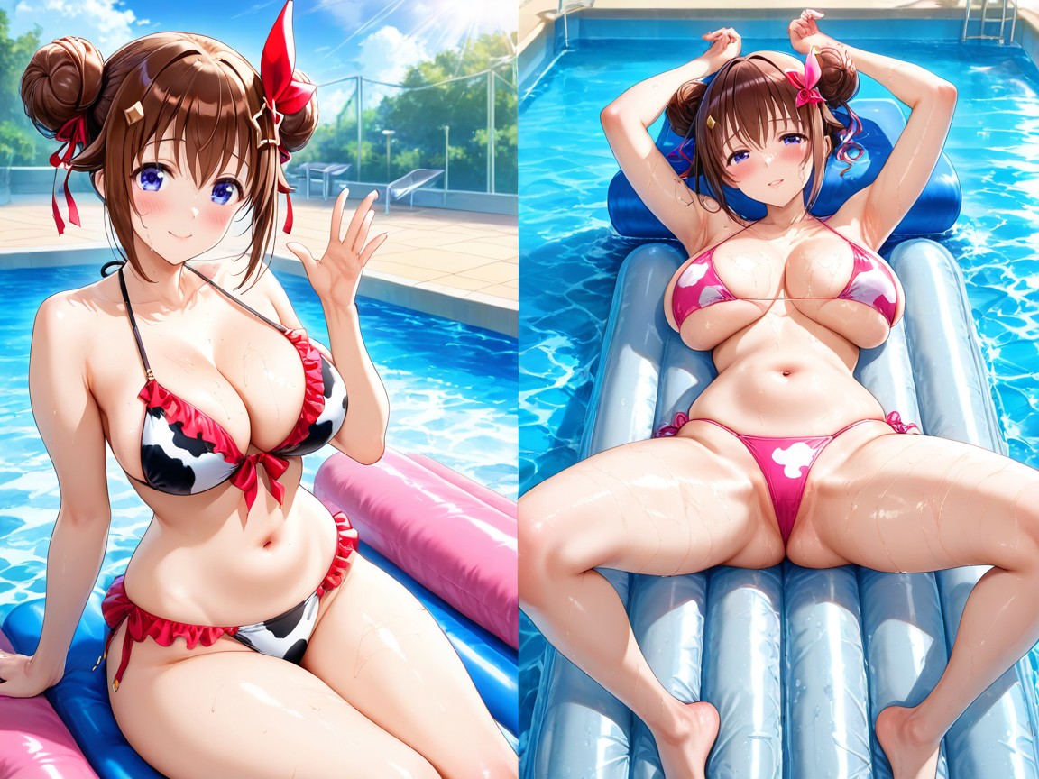 Lying Back On Air Mattress, Double Bun, Ultra Detailed Hentai AI Porn