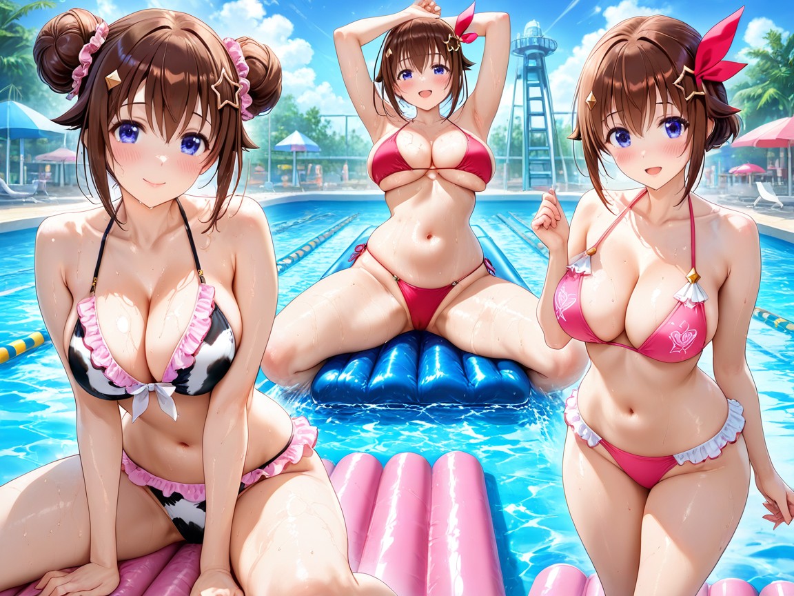 Double Bun, Standing At Poolside From Front, No Extra Fingers Hentai AI Porn