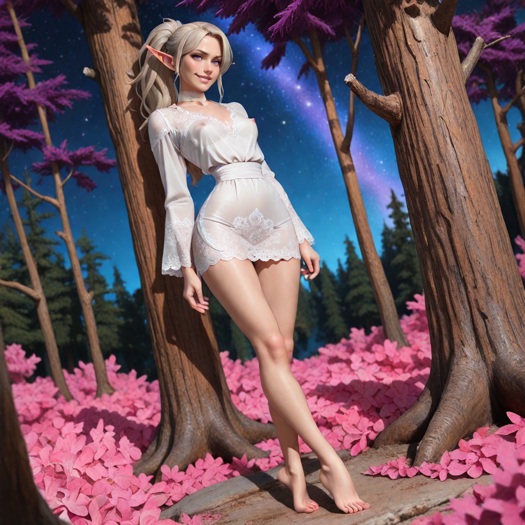 Female Is Standing With Her Back Against A Tall Tree, Cel Shading D Anime Art Style, Female Has Her Back Against A Tree Hentai AI Porn